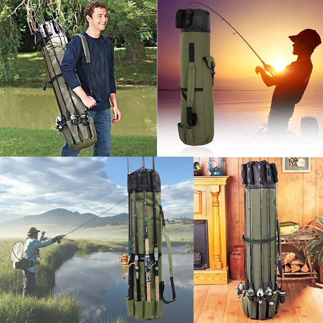 Durable Canvas Fishing Rod & Reel Organizer Bag Travel Carry Case Backpack - Image 6