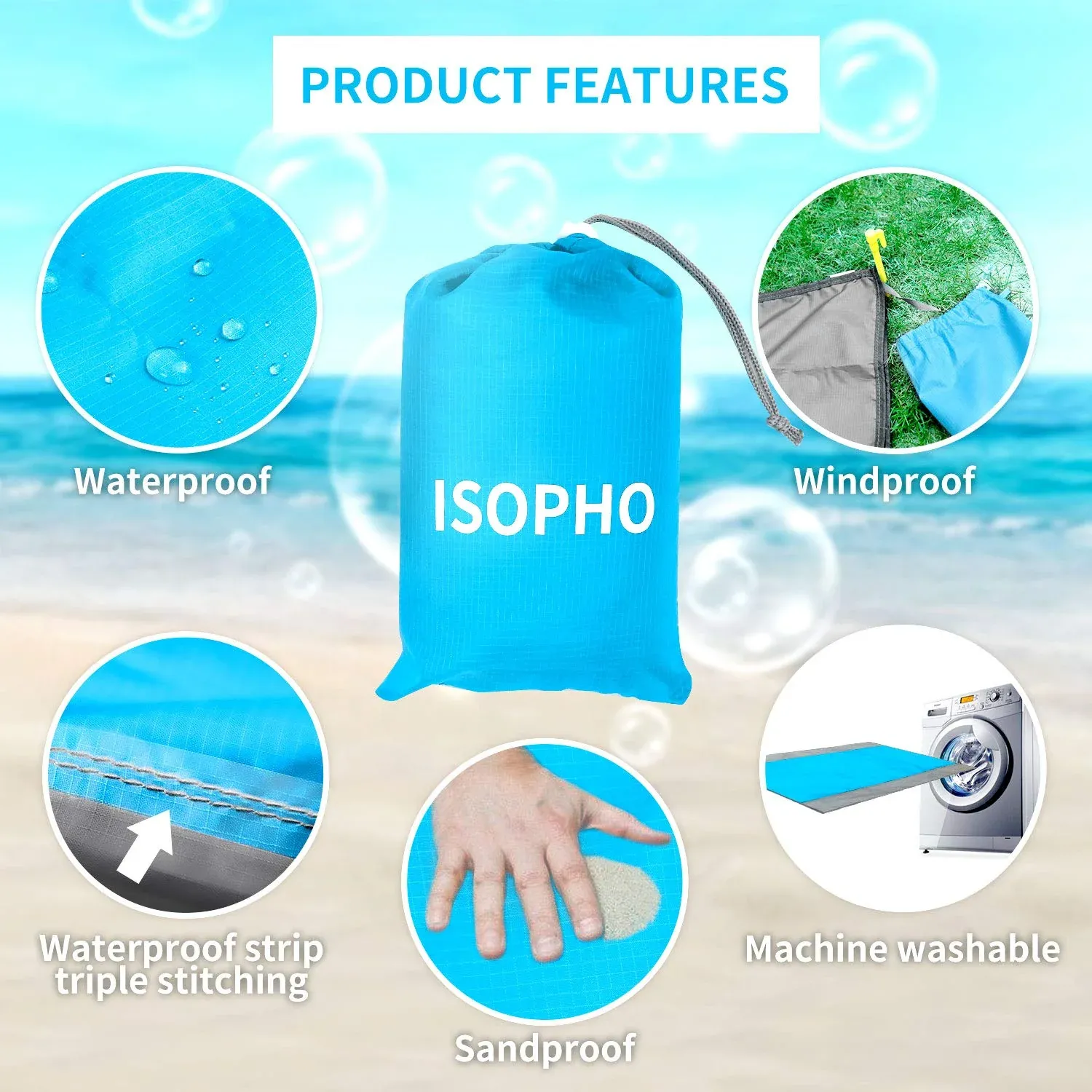 "ISOPHO Beach Blanket 79''×83'' - Waterproof, Sandproof, and Oversized Picnic Blanket for 4-7 Adults - Lightweight & Portable Beach Mat for Travel, Camping, Hiking - Packable w/Bag - Blue (79''×83'')" - Image 4
